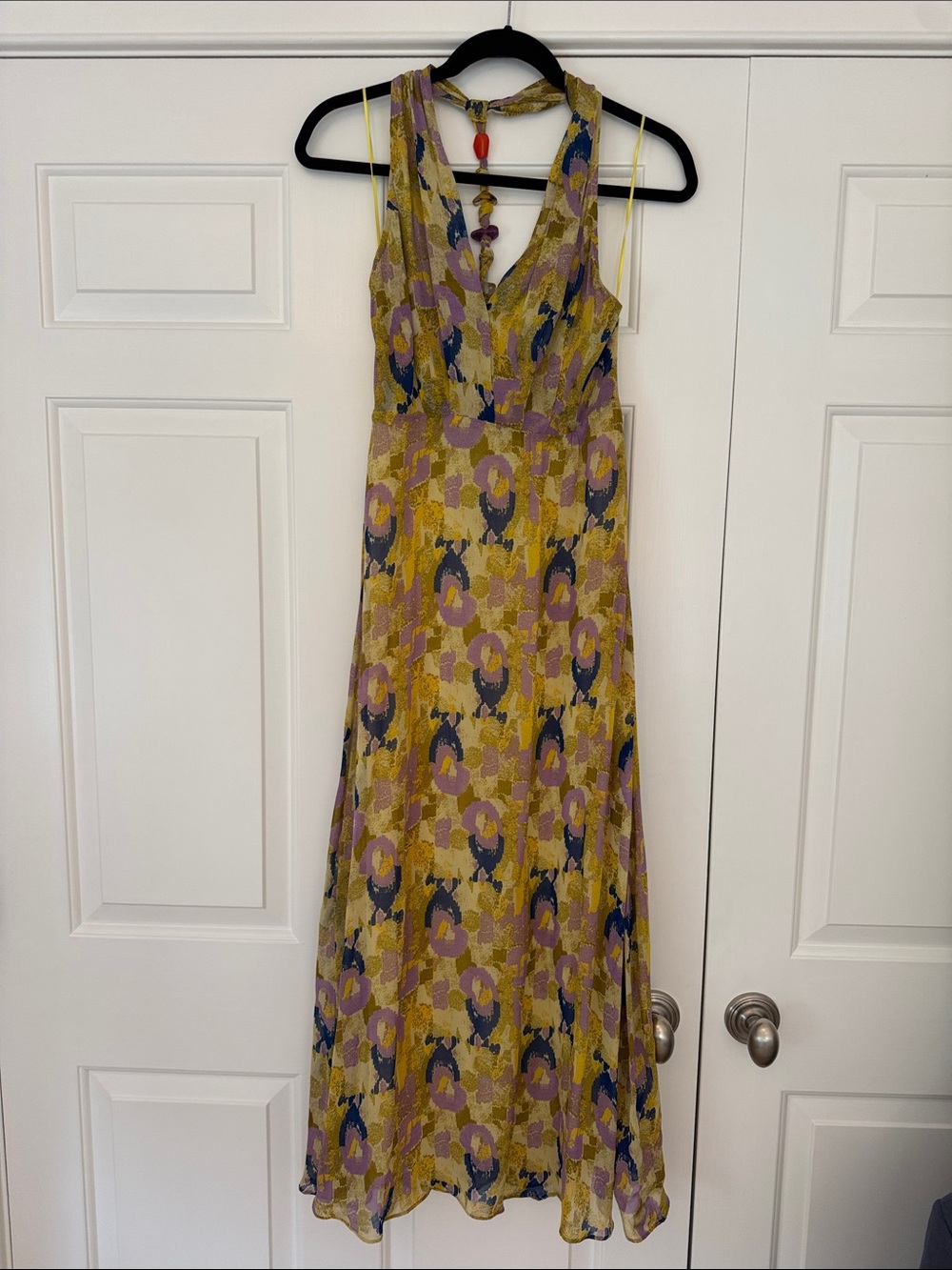 Zara Yellow Floral-Print V-Neck Maxi Dress with Purple Accents and Beaded back